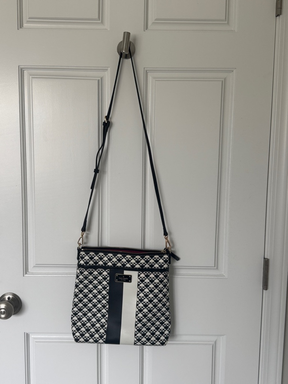 Kate Spade Black & White Patterned Crossbody With Black Stripe